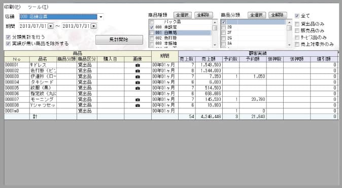 衣装管理ソフトCOPOROの商品別管理表