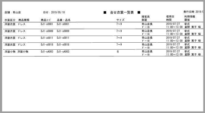 本日衣装リストの印刷物画面